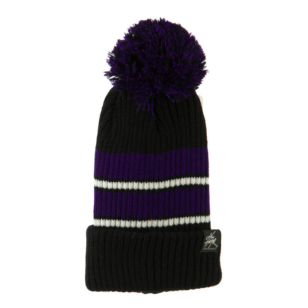 Two Tone Striped Knit Pom Beanie