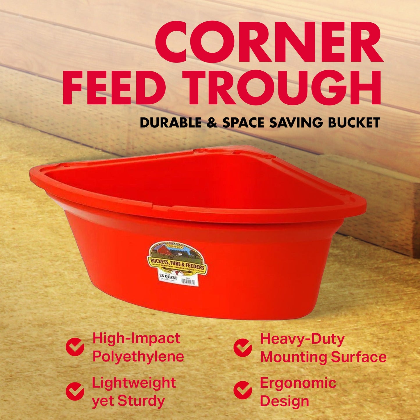 Little Giant 26 Quart Plastic Hanging Corner Livestock Animal Feeder Bucket, Red