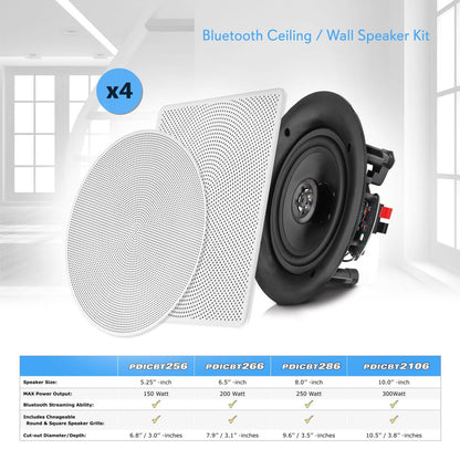 Pyle Audio 6.5 In 2 Way 200W Flush Mount Bluetooth Ceiling Wall Speakers, 4 Pack