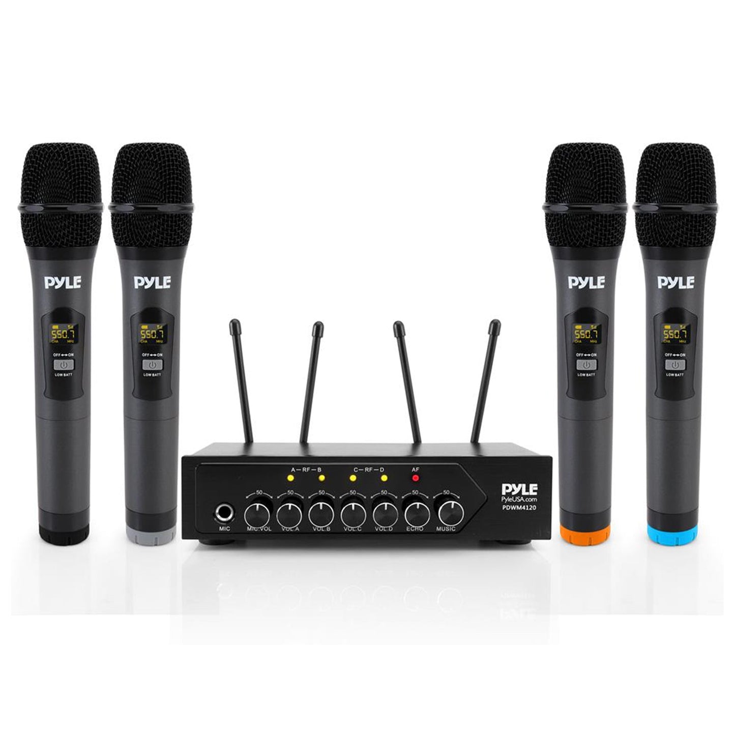 Pyle Wireless Microphone System Set w/ Bluetooth Receiver Base & 4 Handheld Mics