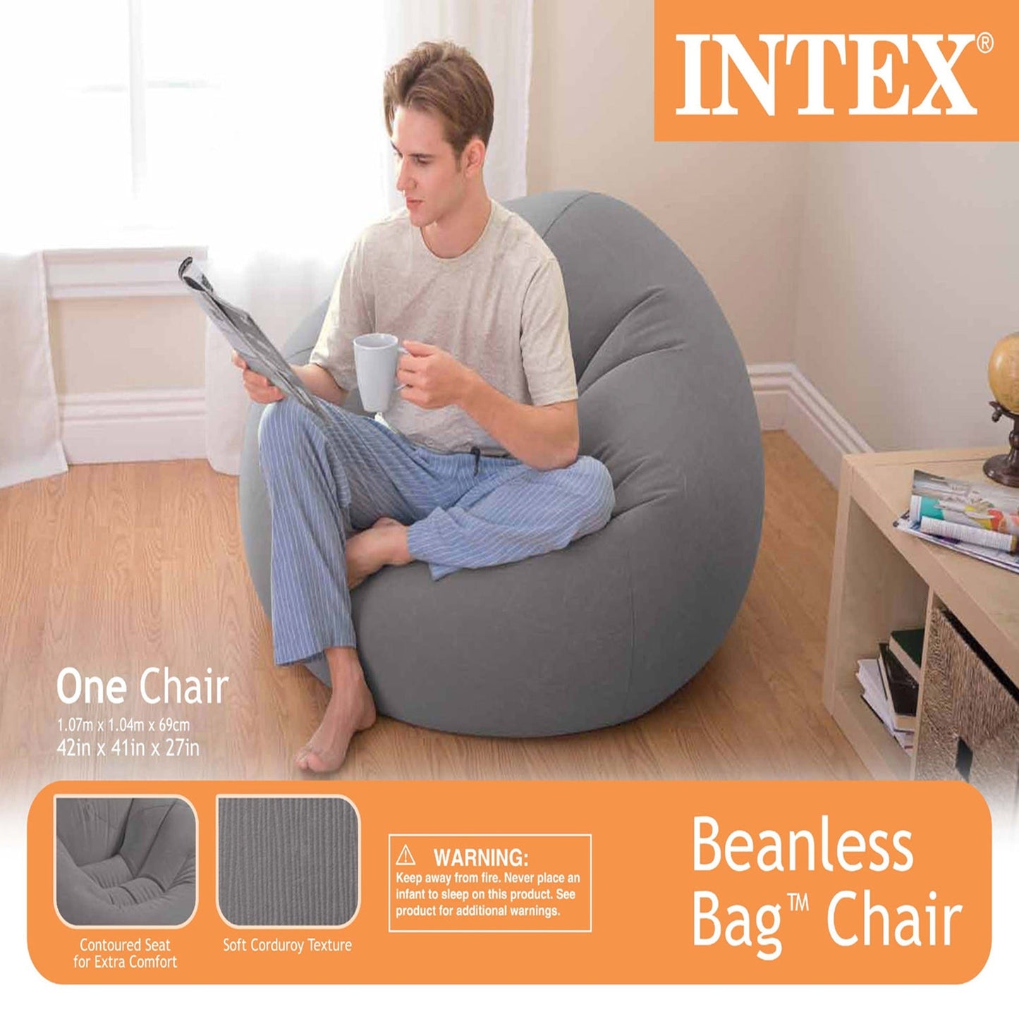 Intex Inflatable Beanless Bag Chair, Grey & Intex 120-Volt  Electric Air Pump