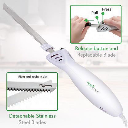 NutriChef 2 Blade Serrated Electric Knife w/ Butcher Block Storage Tray (2 Pack)