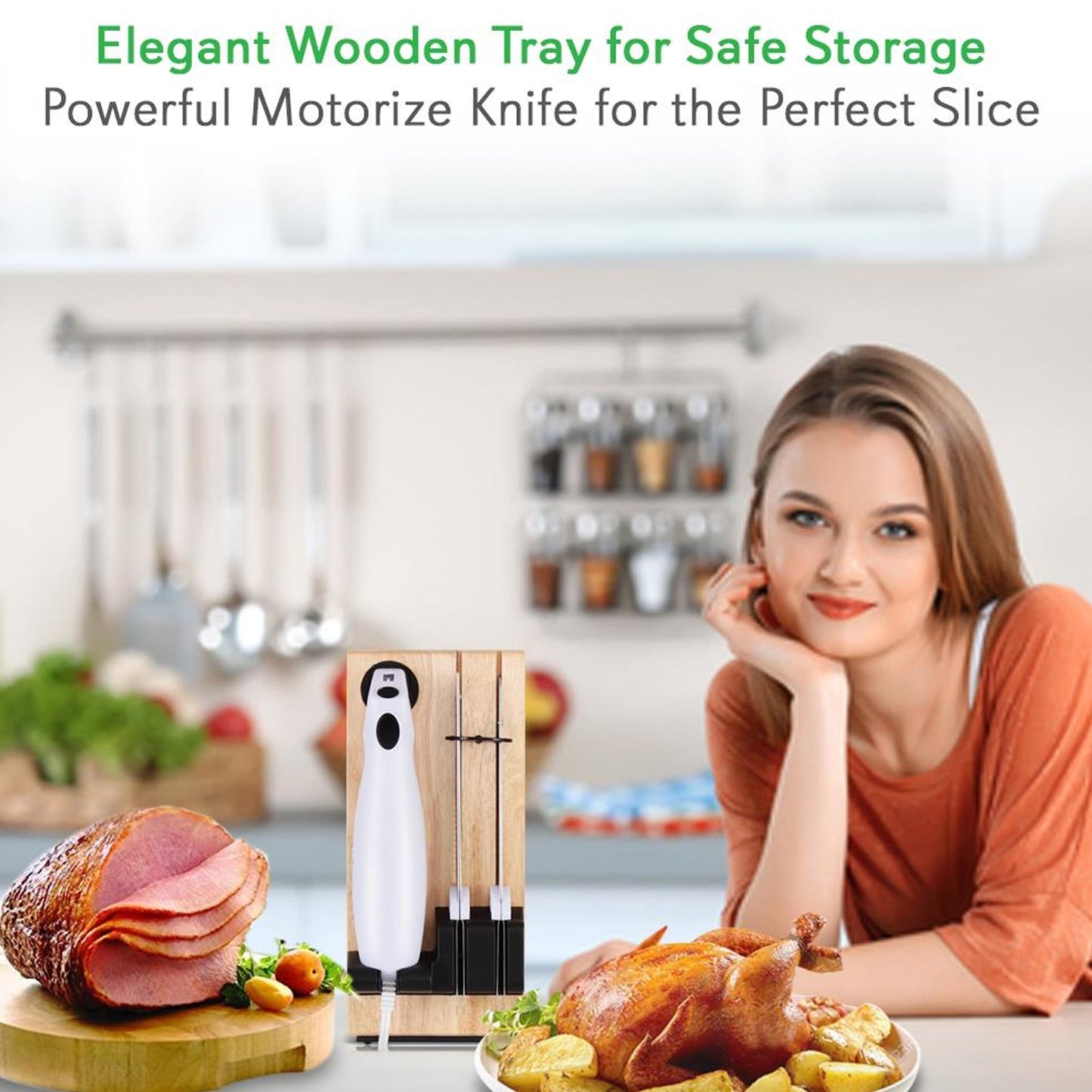 NutriChef 2 Blade Serrated Electric Knife w/ Butcher Block Storage Tray (2 Pack)