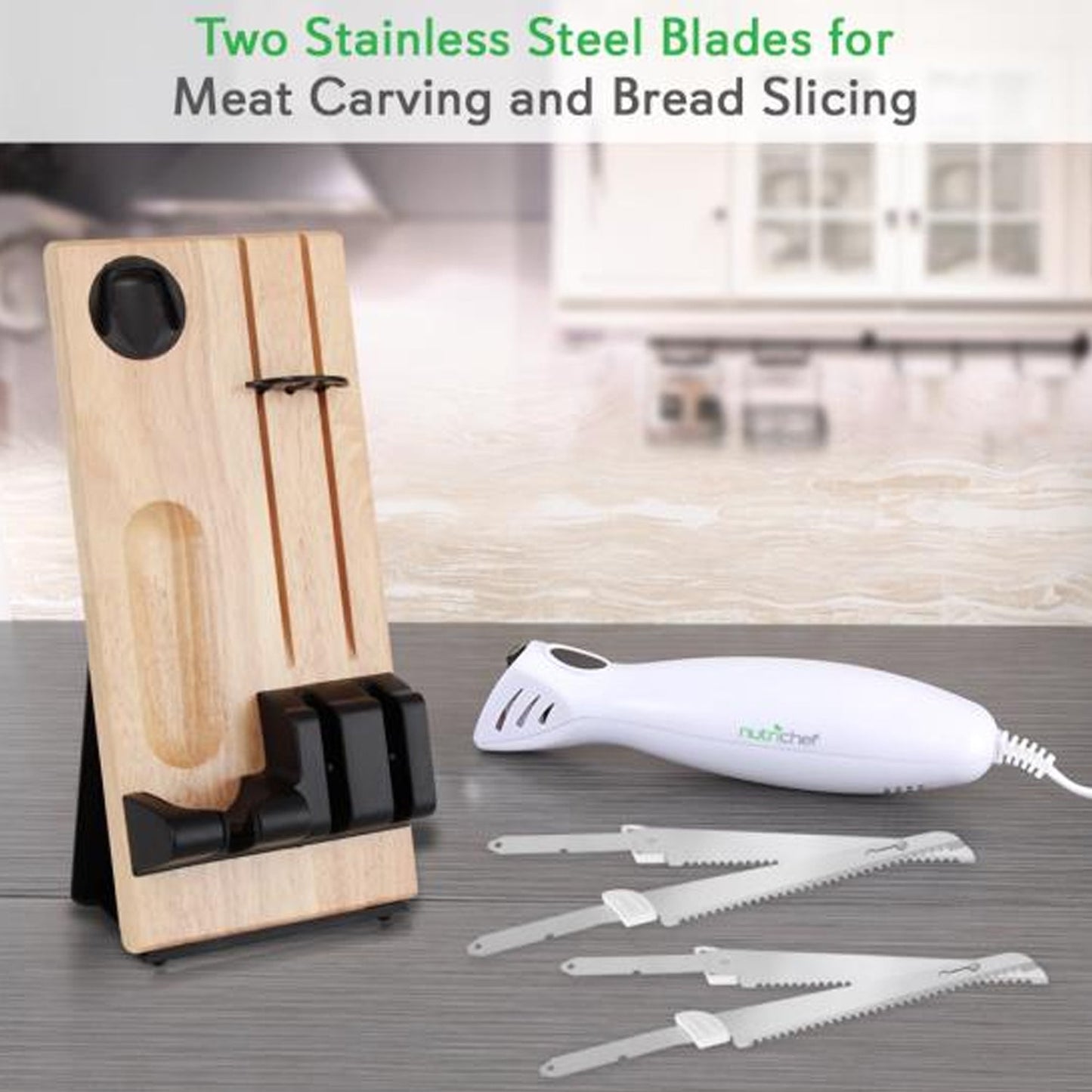 NutriChef 2 Blade Serrated Electric Knife w/ Butcher Block Storage Tray (2 Pack)