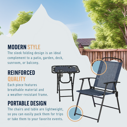 Trappers Peak 3-Piece Folding Outdoor Patio Chairs and Table, Blue