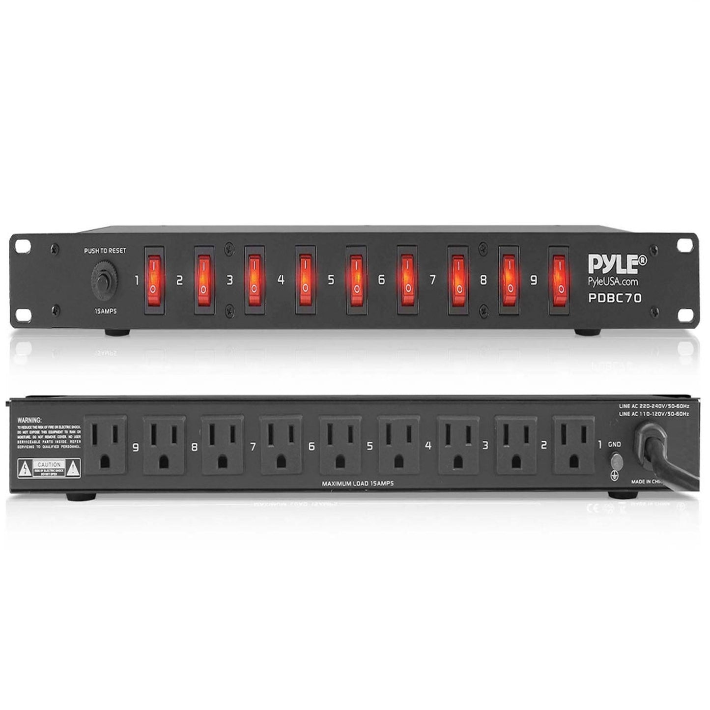 Pyle PDBC70 15 Amp Rack Mountable 9 Outlet Power Strip Surge Protector (2 Pack)