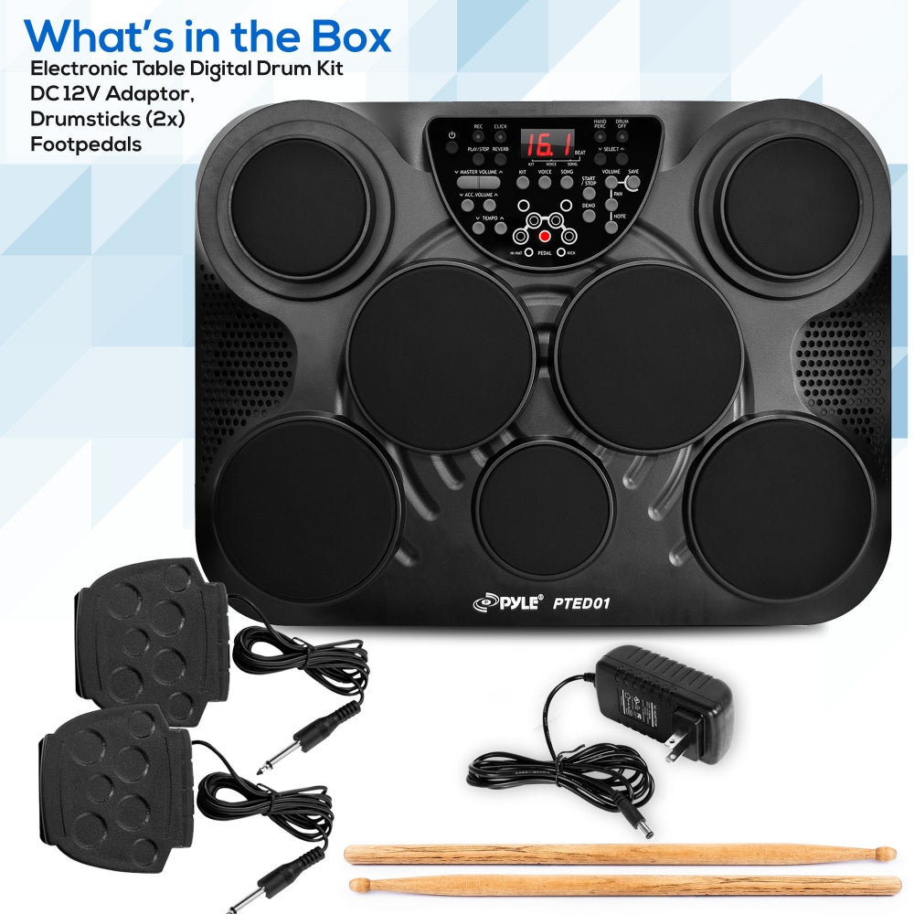 Pyle Pro Electronic Drum Set Portable Tabletop 7 Pad Digital Musical Drum Kit
