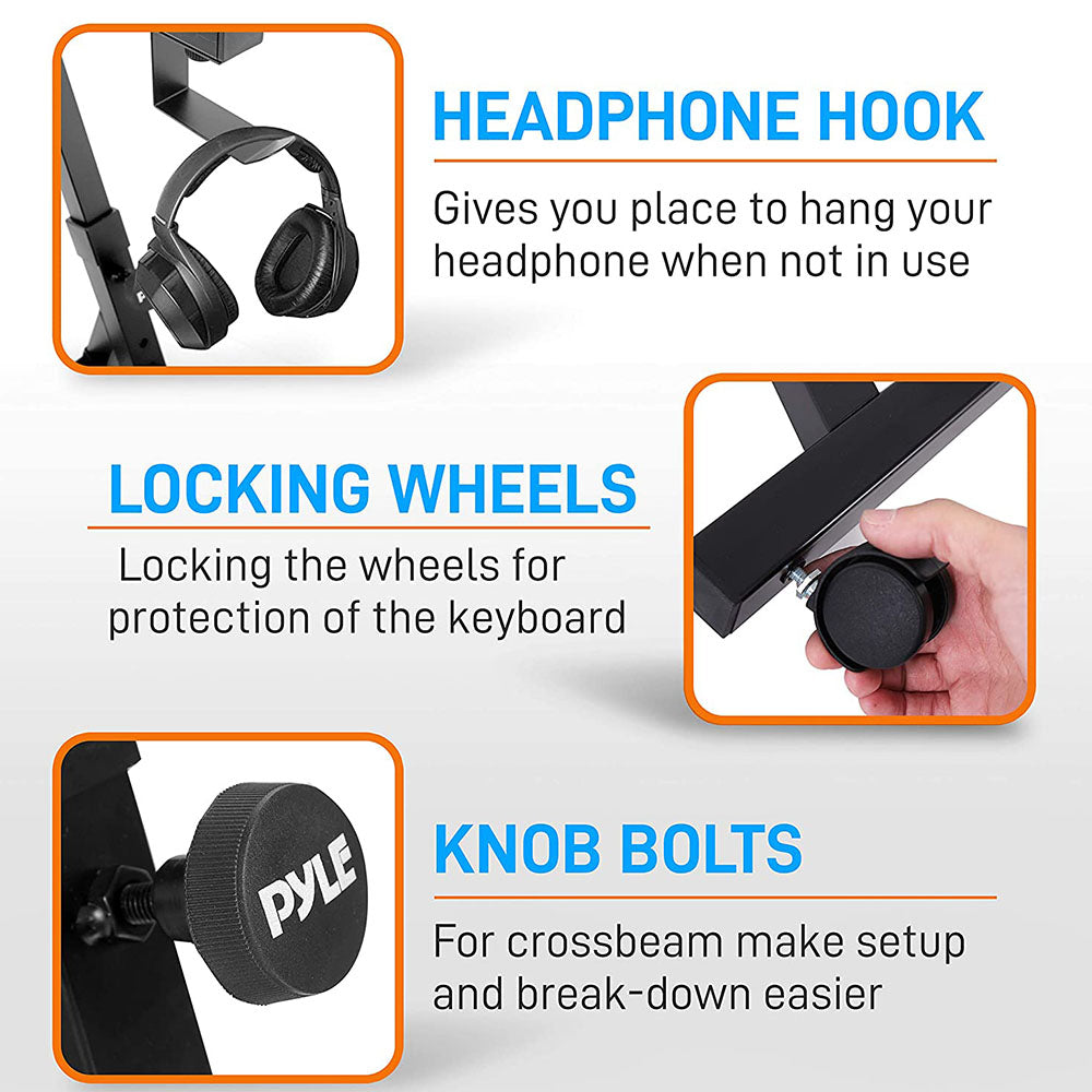 Pyle Adjustable Height Z Style Organ Keyboard Stand with Locking Wheels, Black