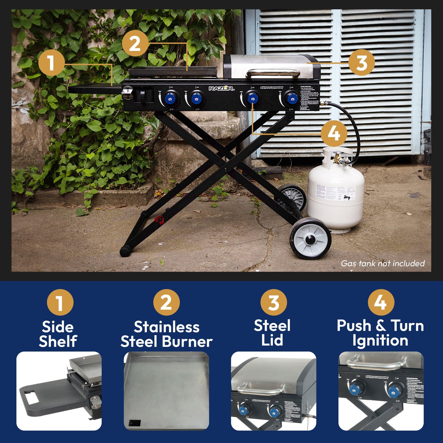 Razor Griddle Portable 4 Burner 40,000 BTU Gas Grill and Griddle Cart with Lid