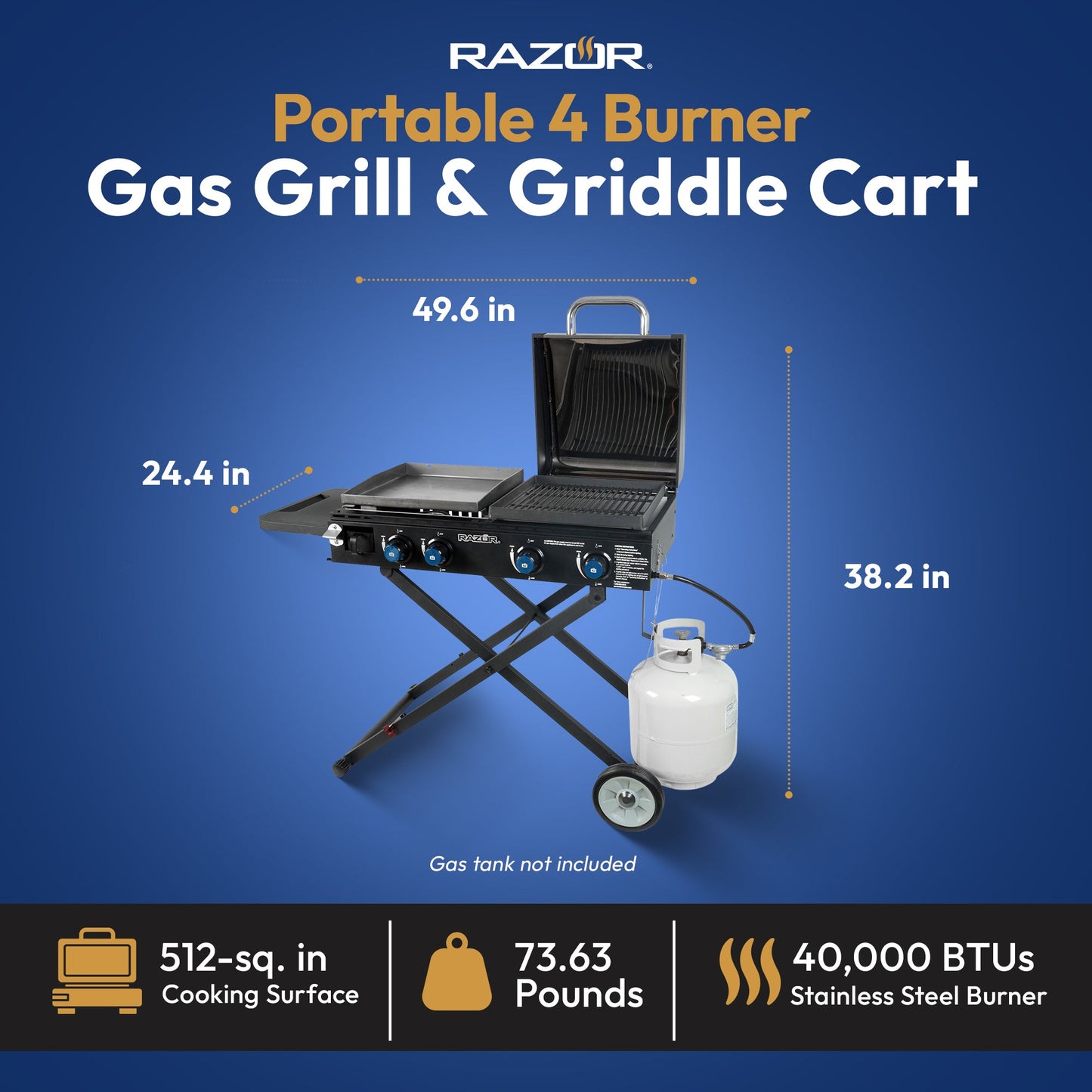 Razor Griddle Portable 4 Burner 40,000 BTU Gas Grill and Griddle Cart with Lid
