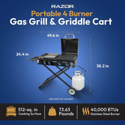 Razor Griddle Portable 4 Burner 40,000 BTU Gas Grill and Griddle Cart with Lid