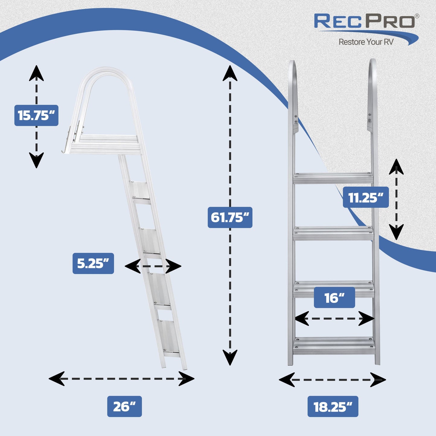 RecPro 4 Step Angled Aluminum Pontoon Dock and Boat Boarding Ladder, Silver