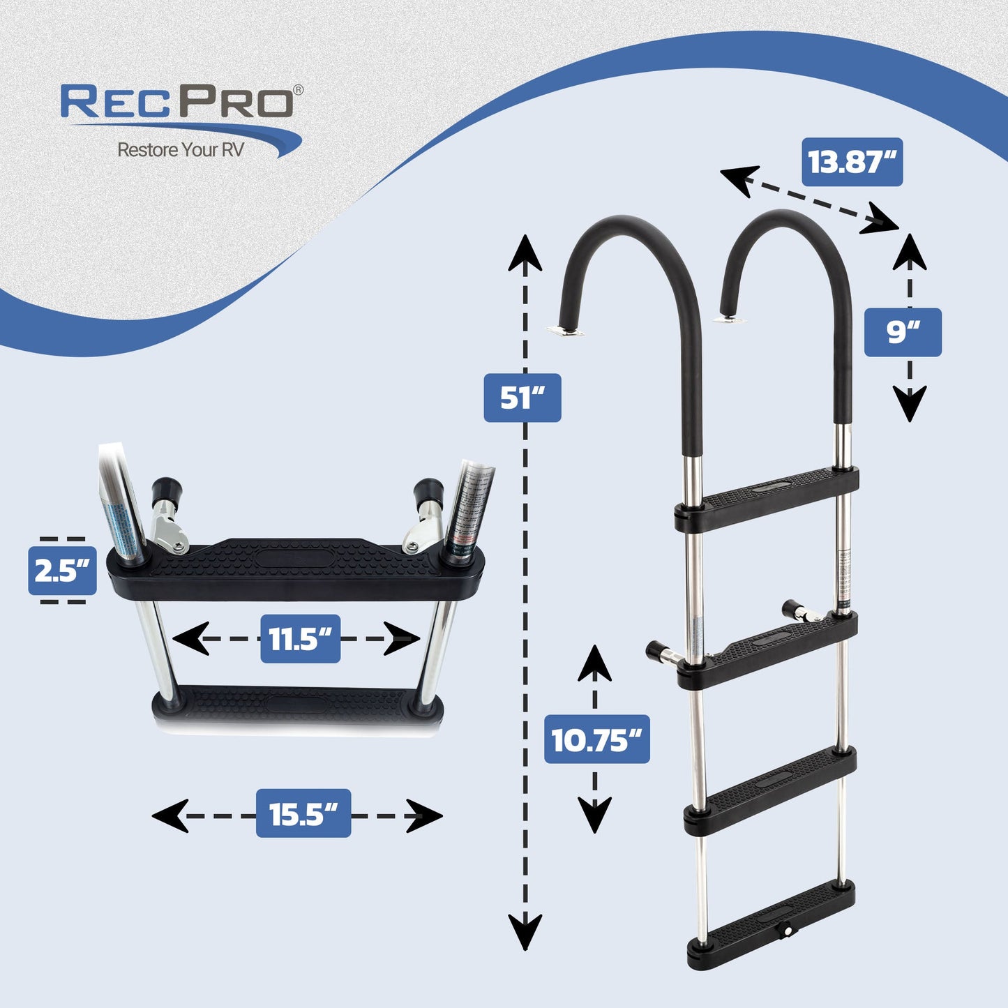 RecPro Compact Stainless Steel Heavy Duty 4 Step Pontoon Boat Boarding Ladder