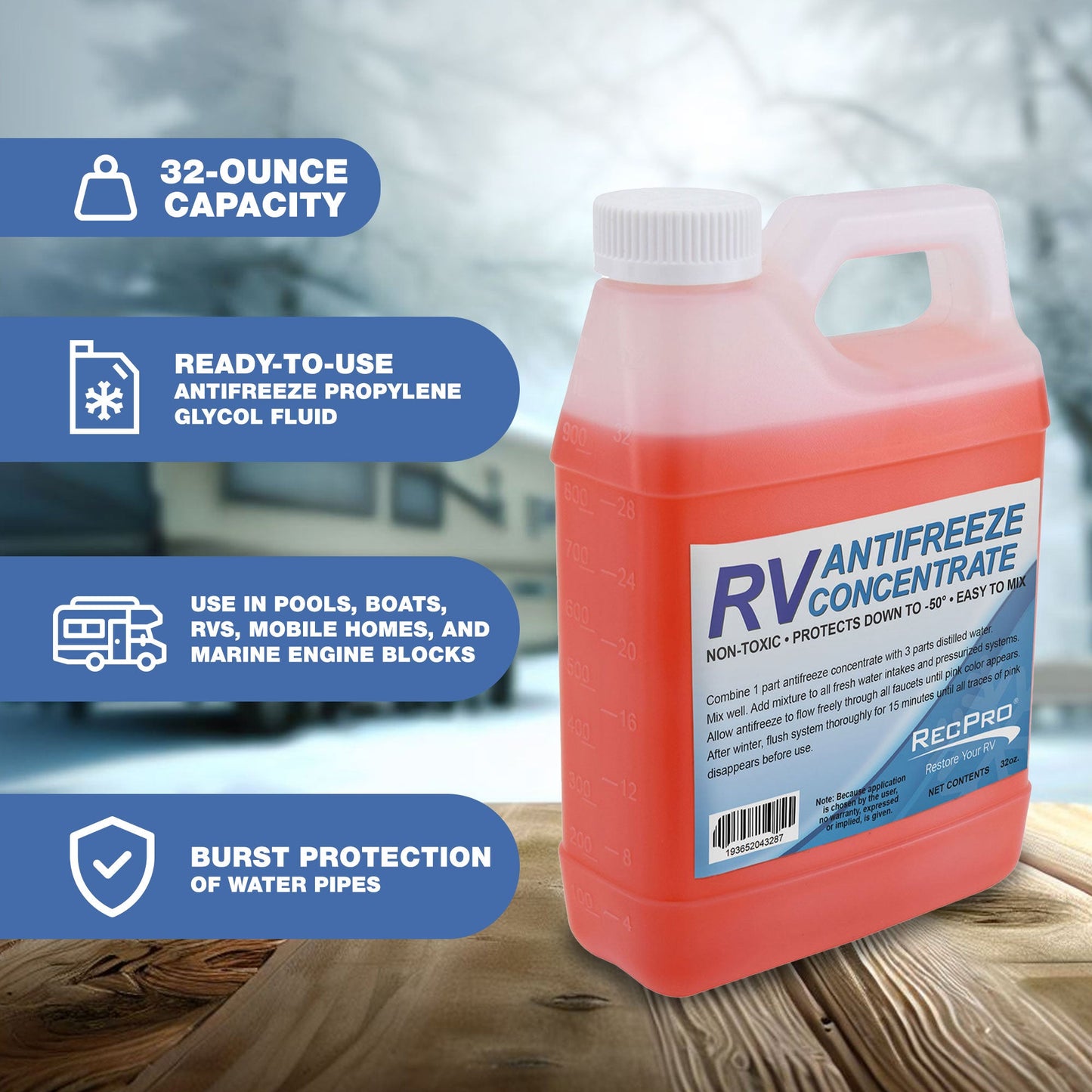 RecPro RV Antifreeze Concentrate Fluid, -50 Degree Fahrenheit Protection, 32 Oz