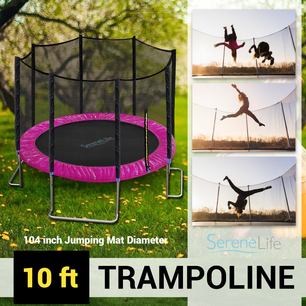 SereneLife 10 Foot Outdoor Trampoline and Safety Net Enclosure for Kids, Pink