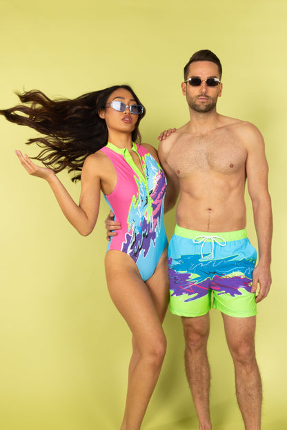 The Snack Shack | Neon Retro Zip Up One Piece Swimsuit