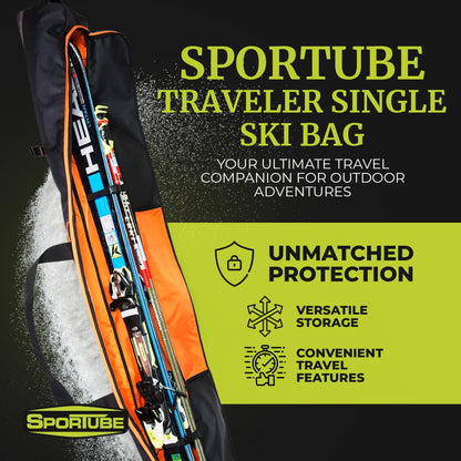 Sportube Traveler Padded 6 Foot Single Pair Ski & Pole Luggage Bag, Black/Orange