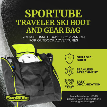 Sportube Traveler 50 Liter Padded Ski Boot & Gear Backpack Bag, Green/Black