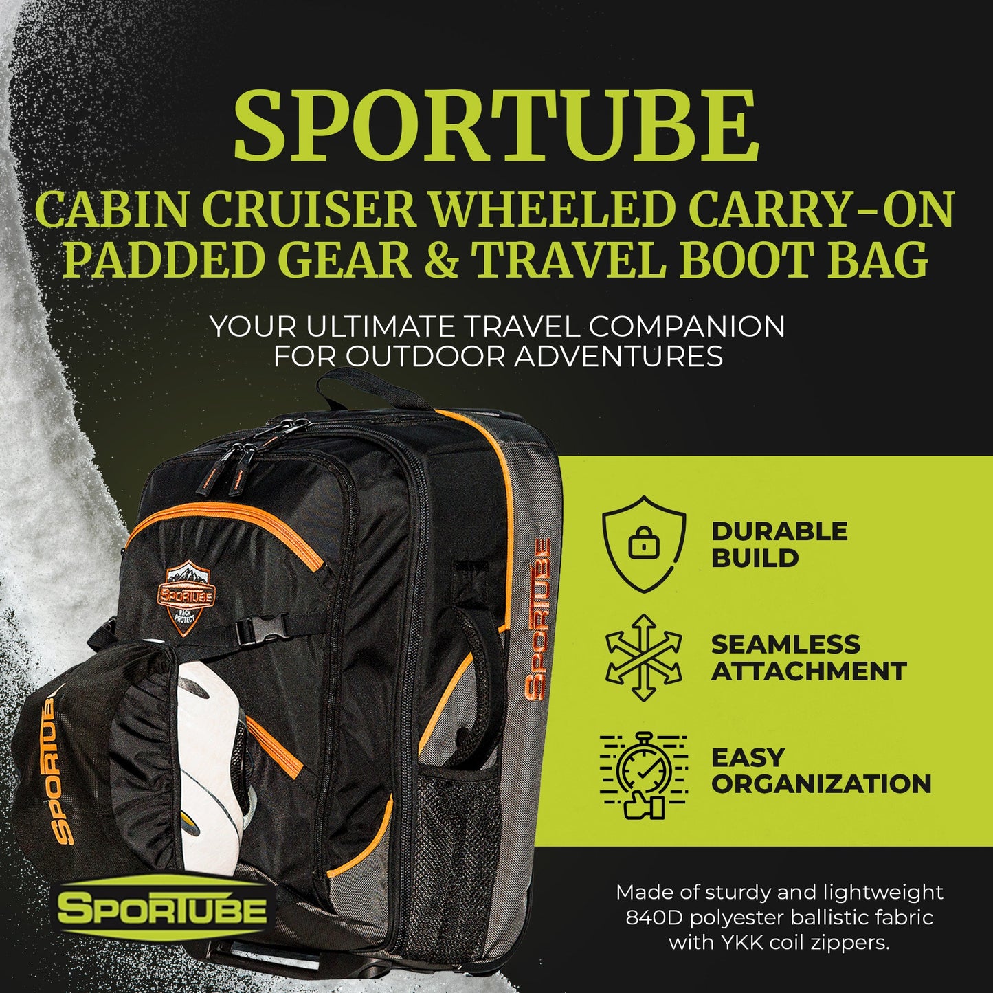 Sportube Cabin Cruiser Wheeled Carry On Padded Gear & Travel Boot Bag, Orange