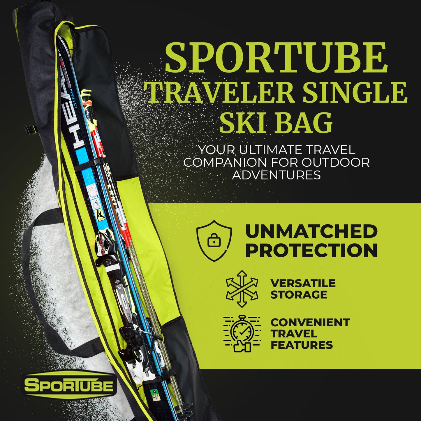 Sportube Traveler Padded 6 Foot Single Pair Ski & Pole Luggage Bag, Black/Green