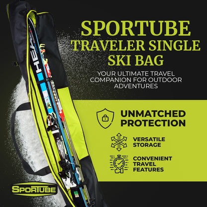 Sportube Traveler Padded 6 Foot Single Pair Ski & Pole Luggage Bag, Black/Green