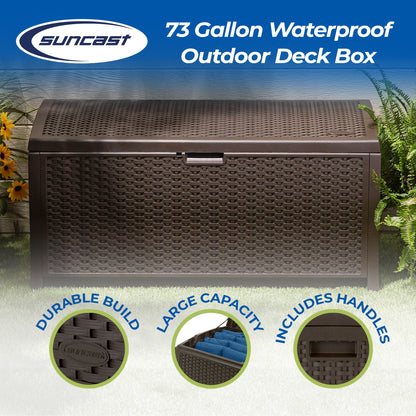 Suncast 73 Gallon Waterproof Resin Wicker Outdoor Patio Storage Deck Box, 3 Pack