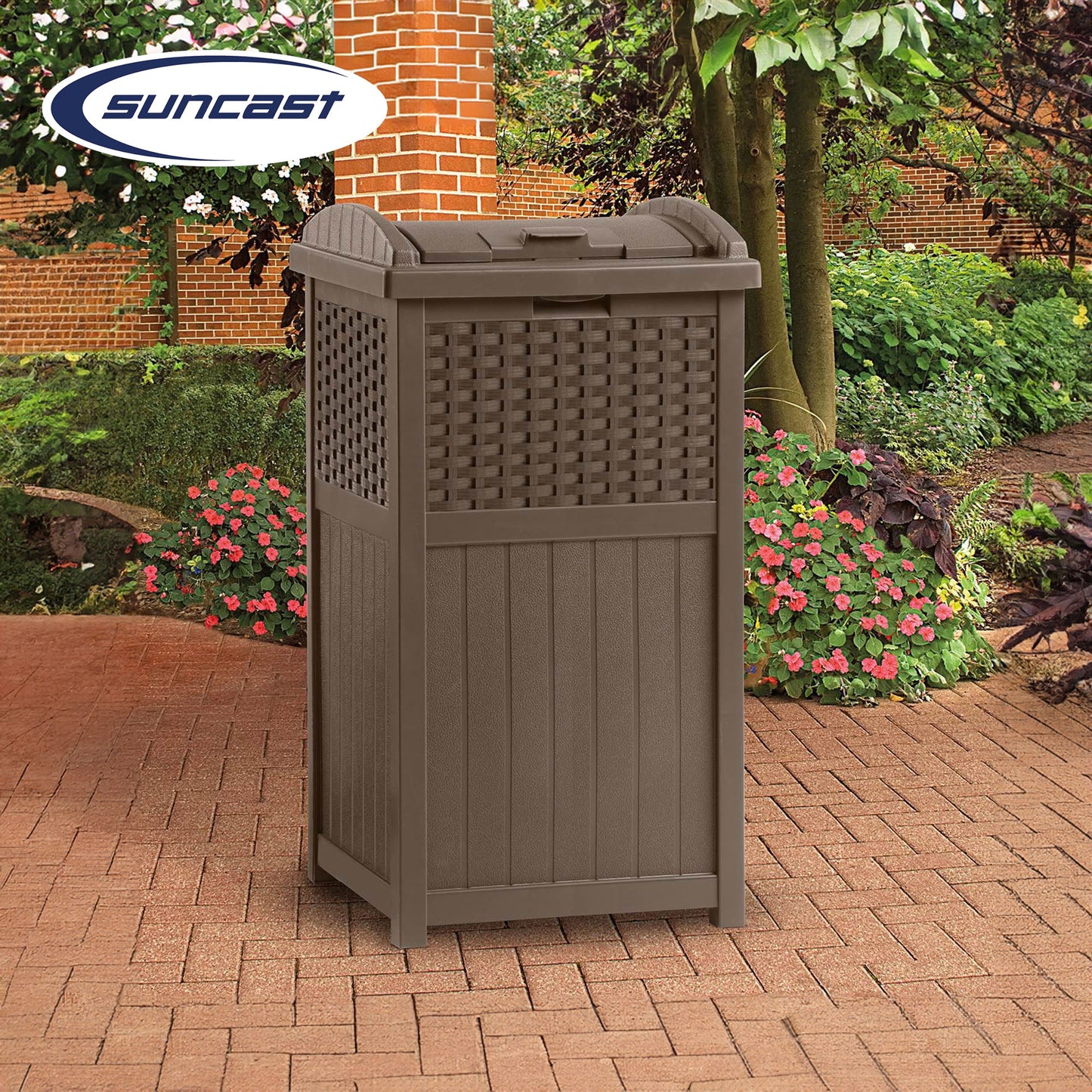 Suncast Trash Hideaway Outdoor Garbage & Outdoor Patio Storage Deck Box, Brown