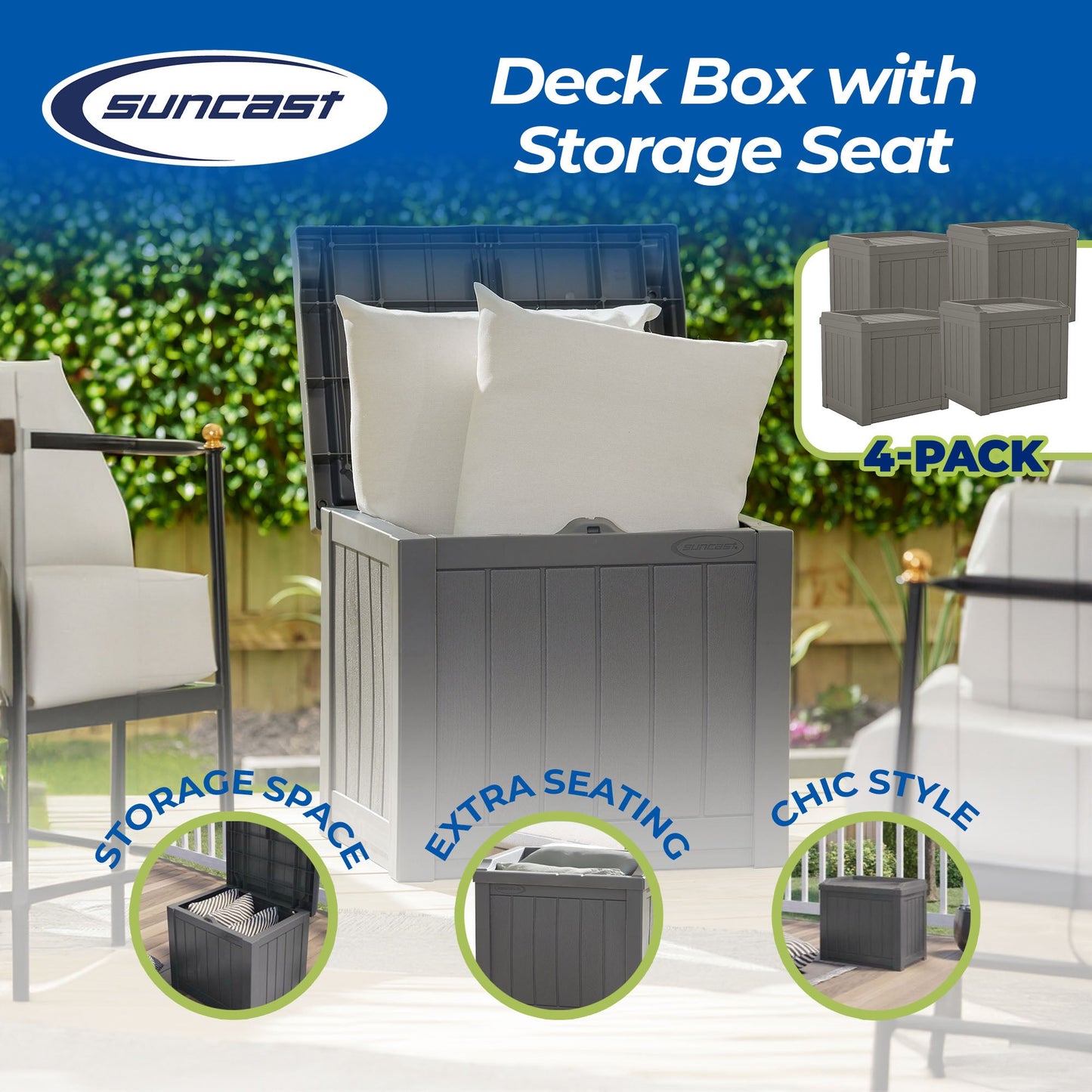 Suncast 22 Gallon Outdoor Patio Small Deck Box with Storage Seat, Stone (4 Pack)