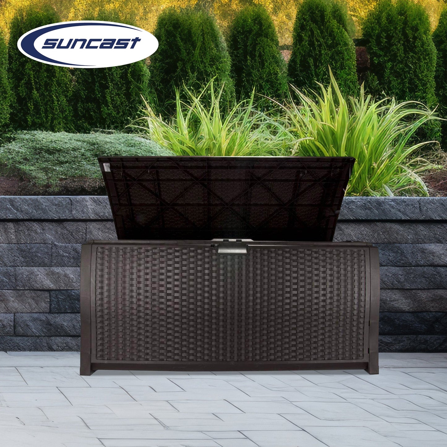 Suncast 99 Gallon Deck Garden Garage Home Wicker Resin Pool Box, Mocha (2 Pack)