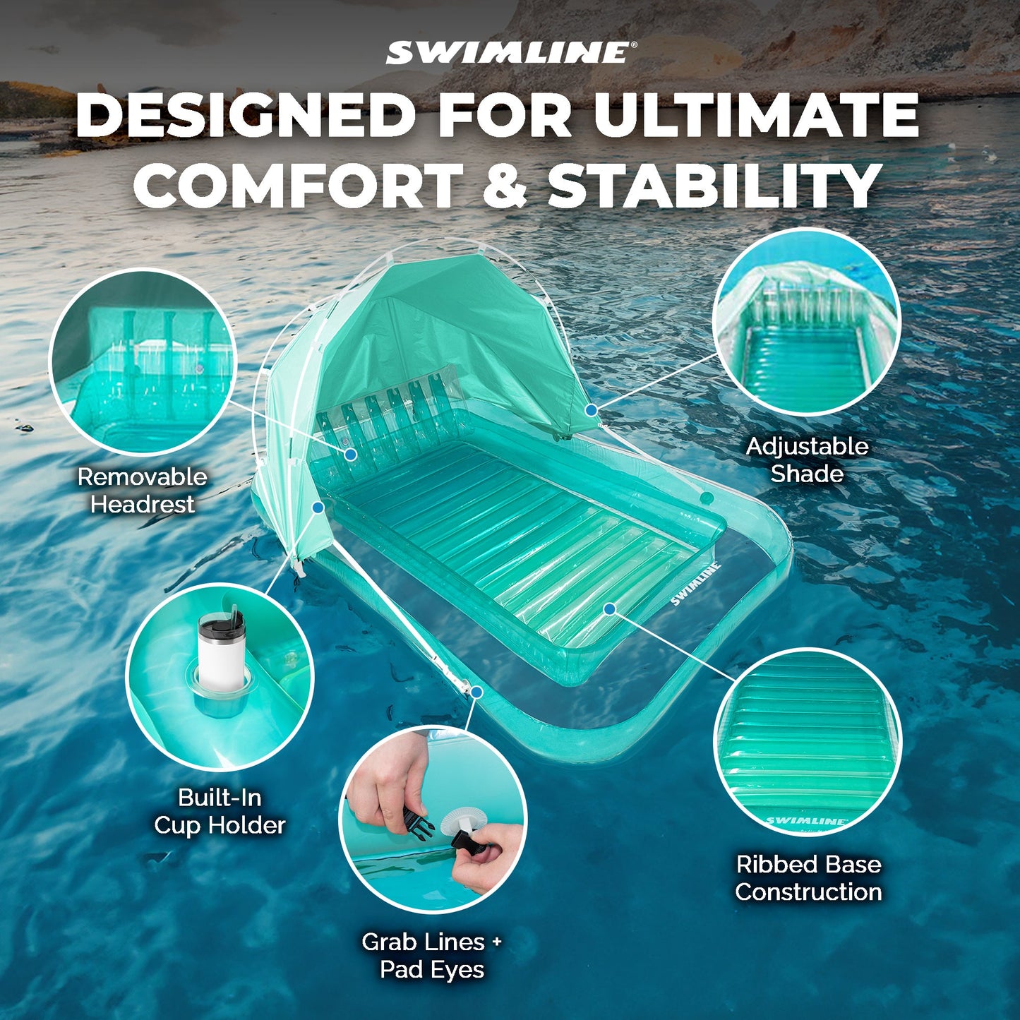 Swimline Original Inflatable Suntan Tub Lounge Float with Adjustable Shade, Mint