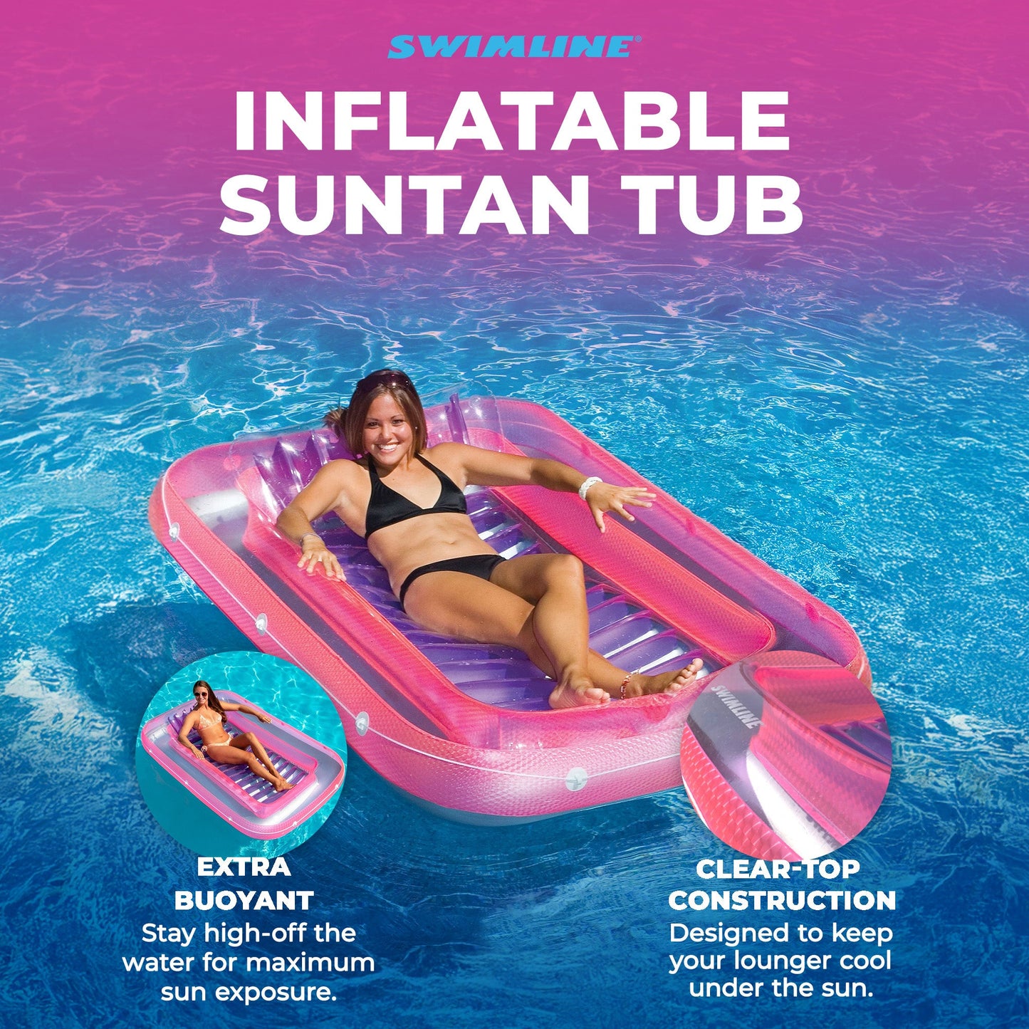 Swimline Classic Edition Inflatable Suntan Tub Floating Pool Hybrid Lounge, Pink