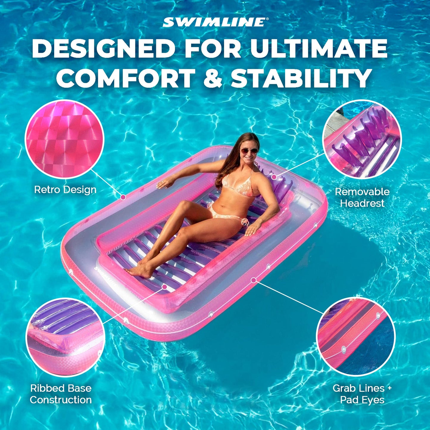 Swimline Classic Edition Inflatable Suntan Tub Floating Pool Hybrid Lounge, Pink