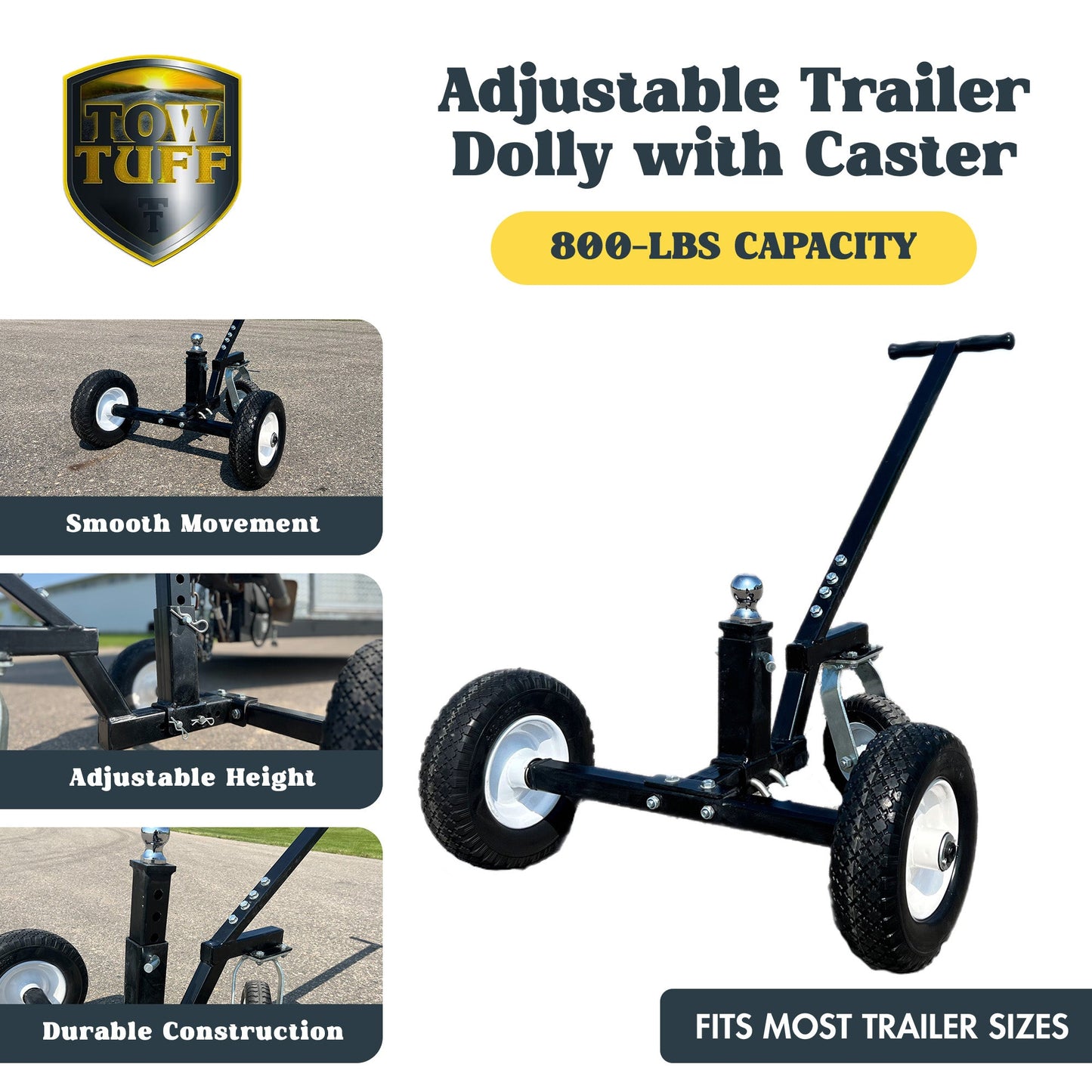 Tow Tuff TMD-800C Adjustable Solid Steel 800lb Capacity Trailer Dolly w/Caster