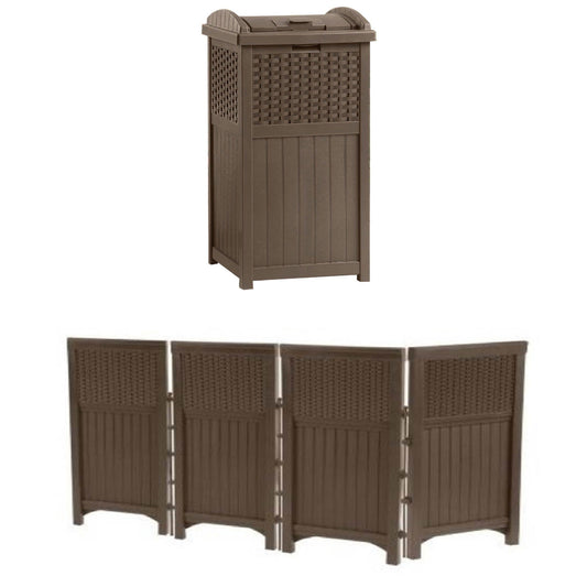 Suncast 33 Gallon Resin Trash Can and Suncast Garden Screen Gate Fence, Java