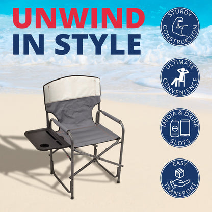 RIO Brands XXL Oversized Director’s Chair with Side Table and Carry Straps, Gray