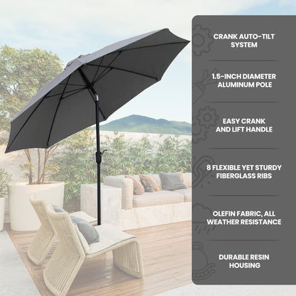 Four Seasons Courtyard 9 Foot Crank Lift Auto Tilt System Patio Umbrella, Gray