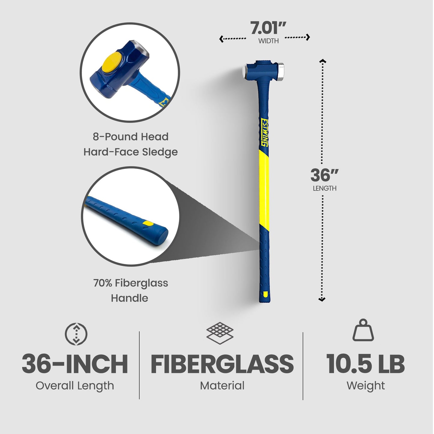 Estwing 8 Pound Head Hard Face Sledge Hammer with 36 Inch Fiberglass Handle