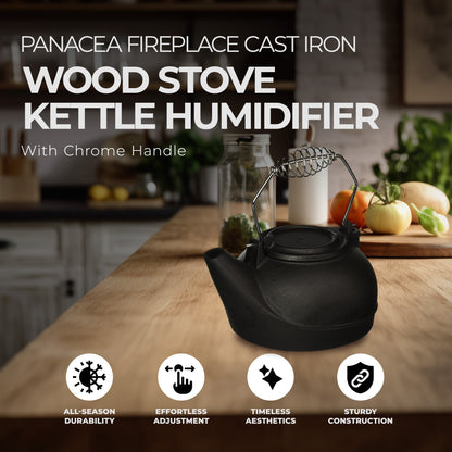 Panacea Fireplace Cast Iron Wood Stove Kettle Humidifier w/ Chrome Handle, Black