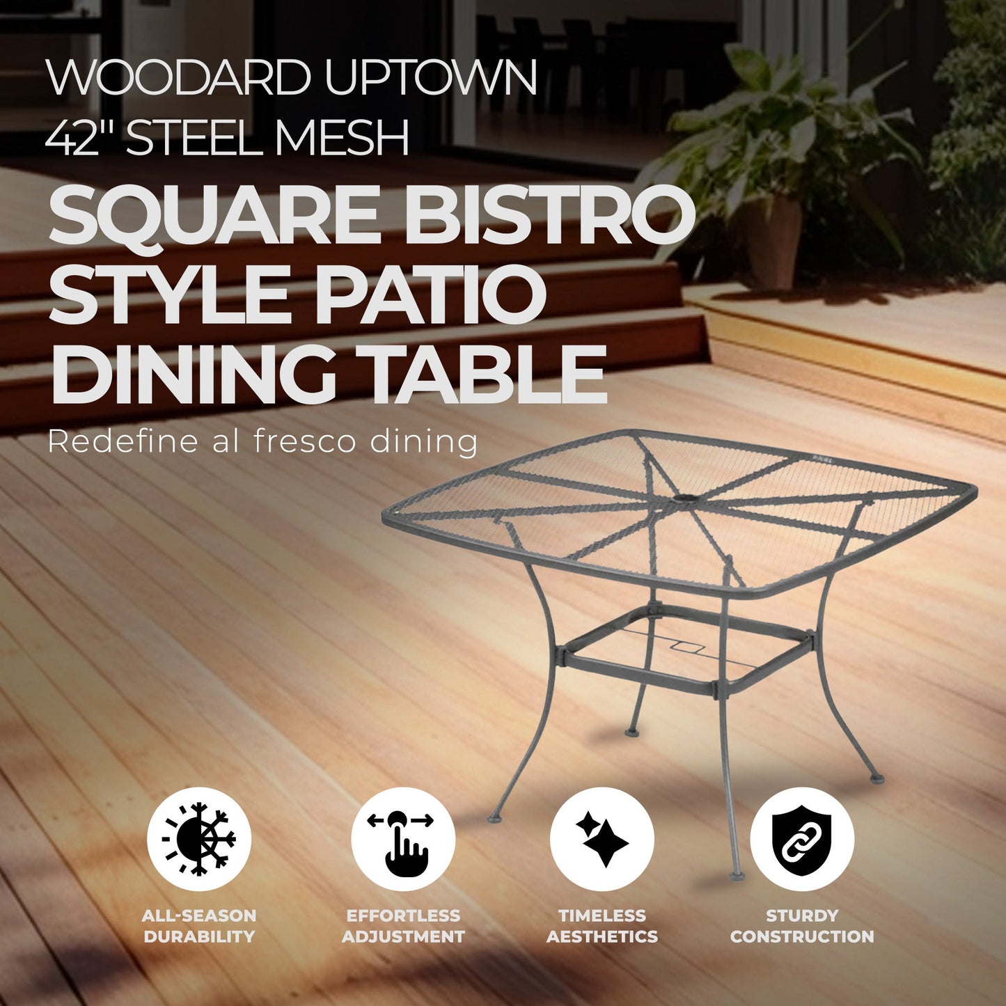 Woodard Uptown 42" Steel Mesh Square Bistro Style Patio Dining Table, Black