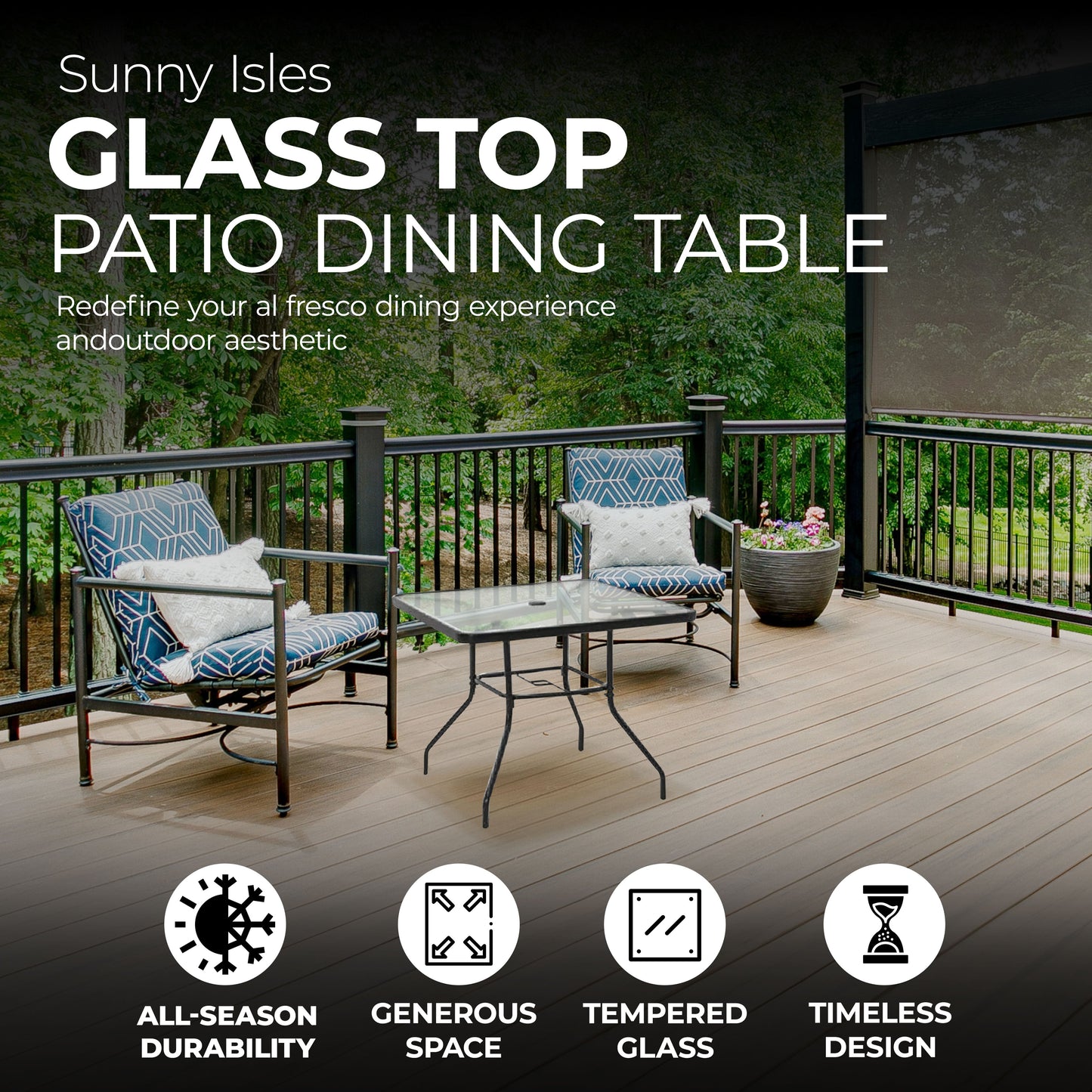 Four Seasons Courtyard Sunny Isles Tempered Glass Top Patio Dining Table, Black