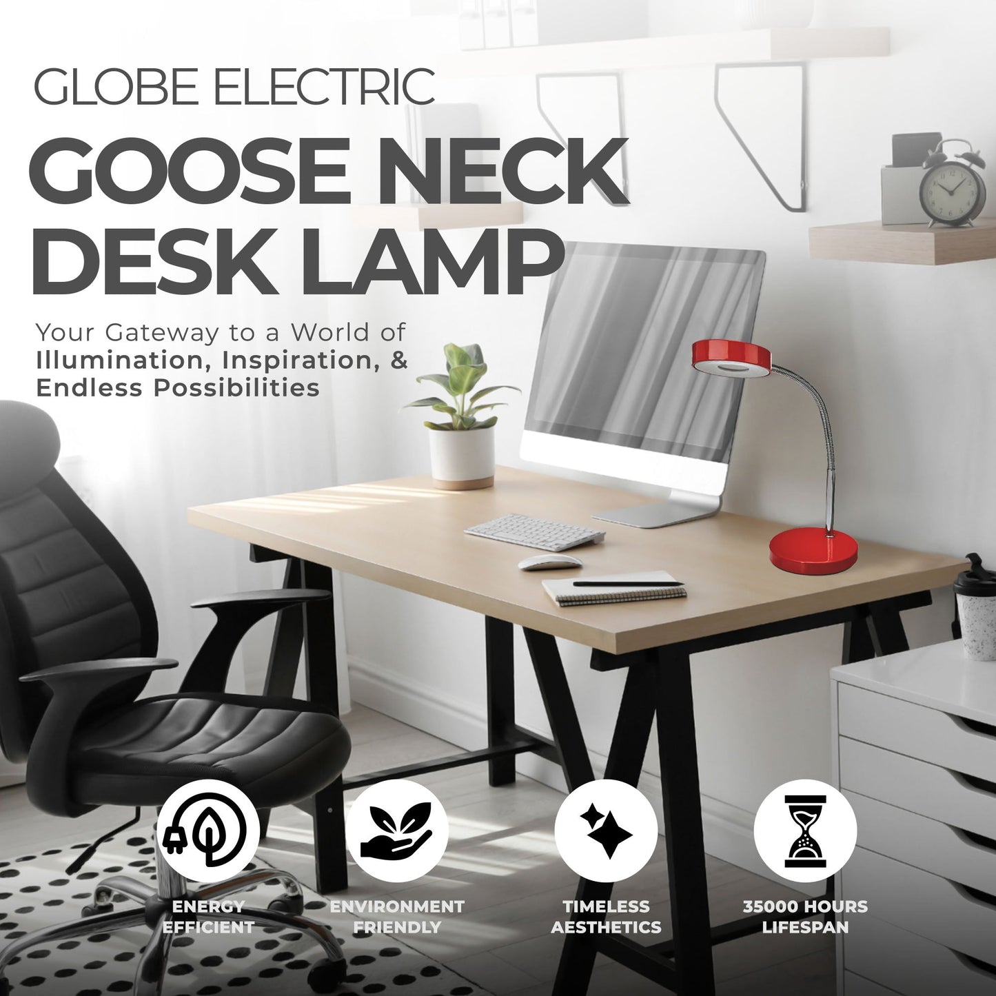 Globe Electric 15.75 x 5 x 52.4 Inches LED Integrated Goose Neck Desk Lamp, Red
