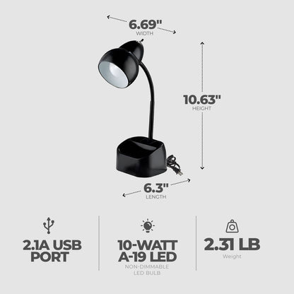 Globe Electric LED Integrated Goose Neck Desk Lamp with USB Port and Organizer