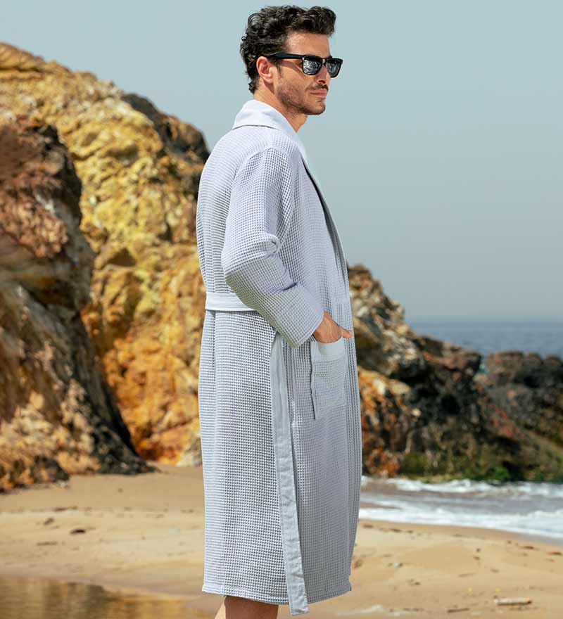 Men's Full Length Lightweight Waffle Spa Robe with Shawl Collar