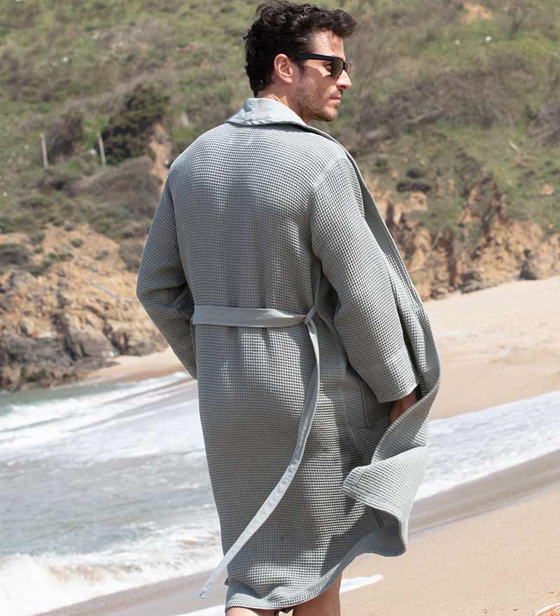 Men's Full Length Lightweight Waffle Spa Robe with Shawl Collar