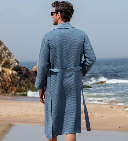 Men's Full Length Lightweight Waffle Spa Robe with Shawl Collar