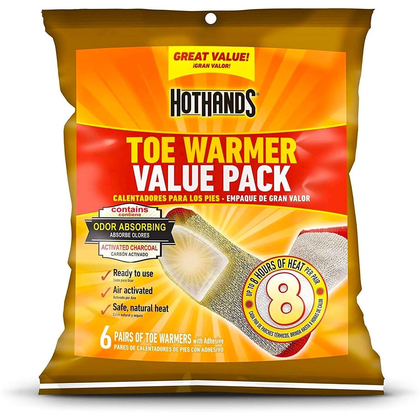 HotHands Toe Warmers - Long Lasting Safe Natural Odorless Air Activated Warmers - Up to 8 Hours of Heat - 6 Pair Bag