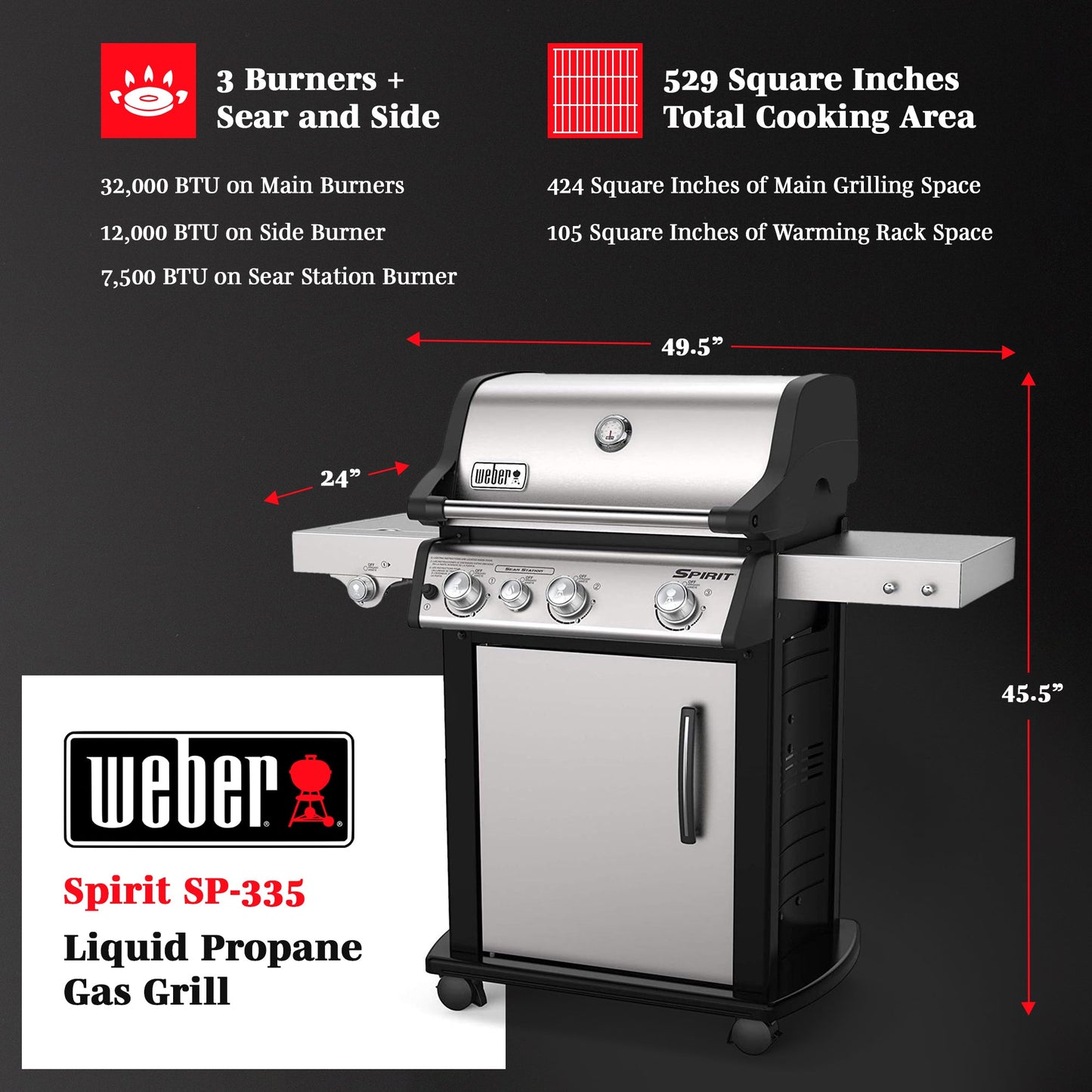 Weber Spirit SP-335 Stainless Steel 3 Burner 32000 BTUs Liquid Propane Gas Grill