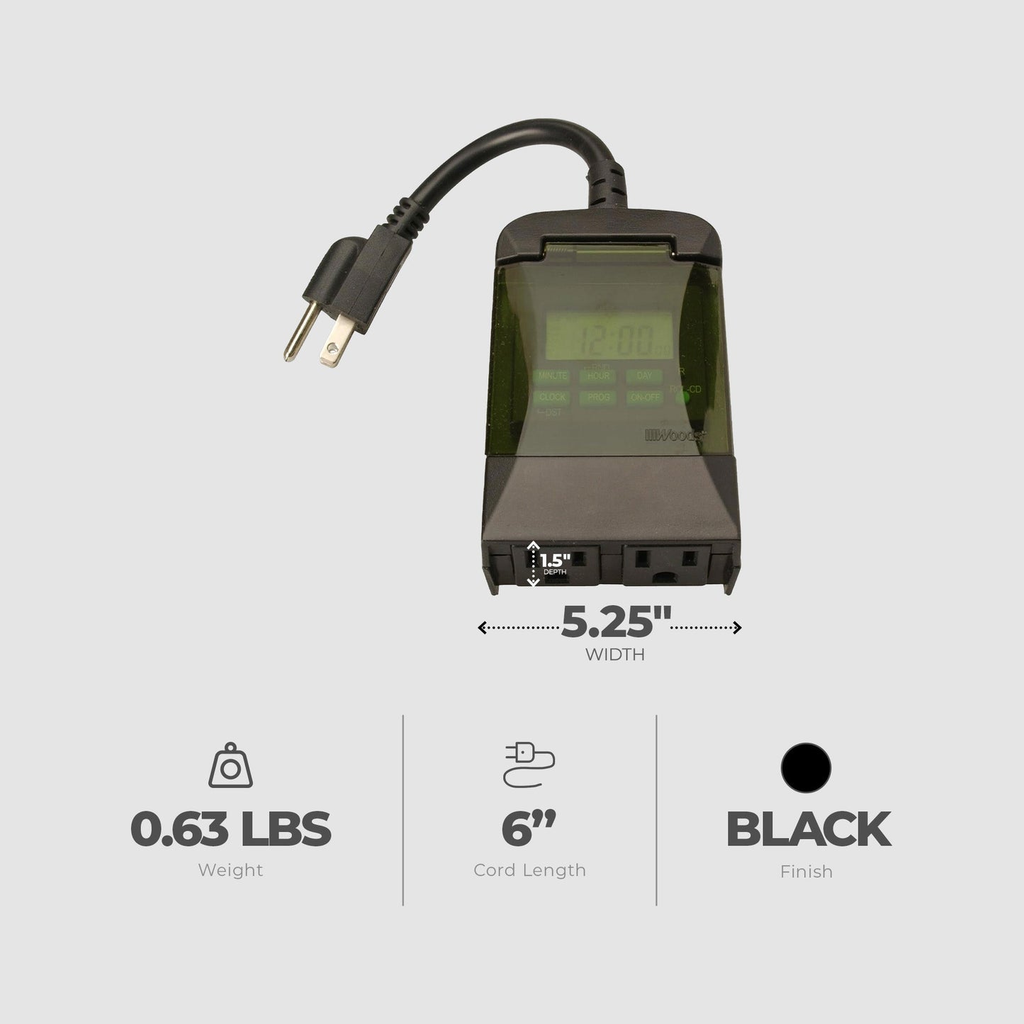 Woods 0.5 Horsepower Heavy Duty Outdoor 7 Day Digital 2 Outlet Timer, Black